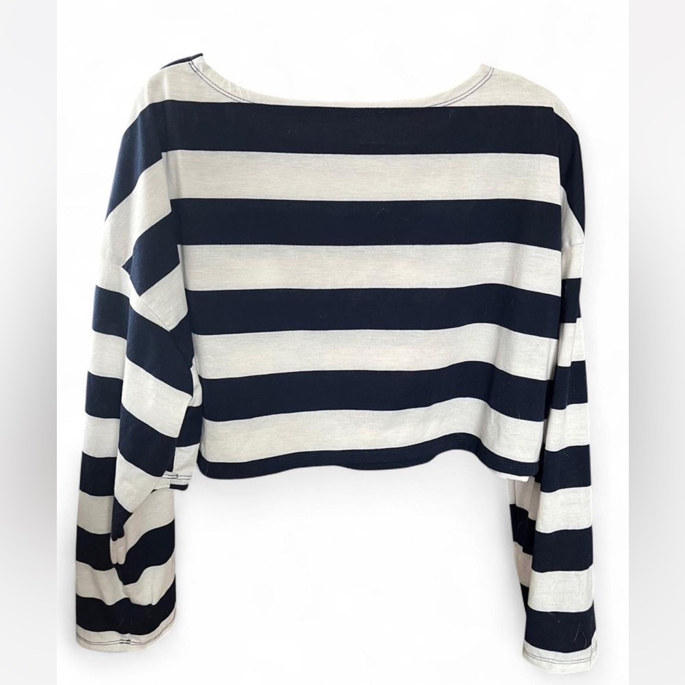 SHEIN Navy and White Striped Long Sleeve Crop Top